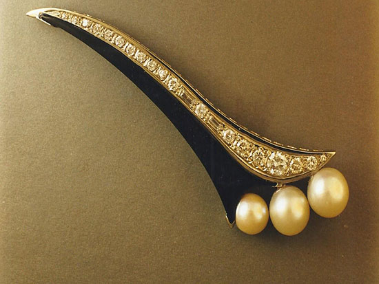 Deco Style Pin With Oynx & Pearls. Diamond Set in 18K White Gold