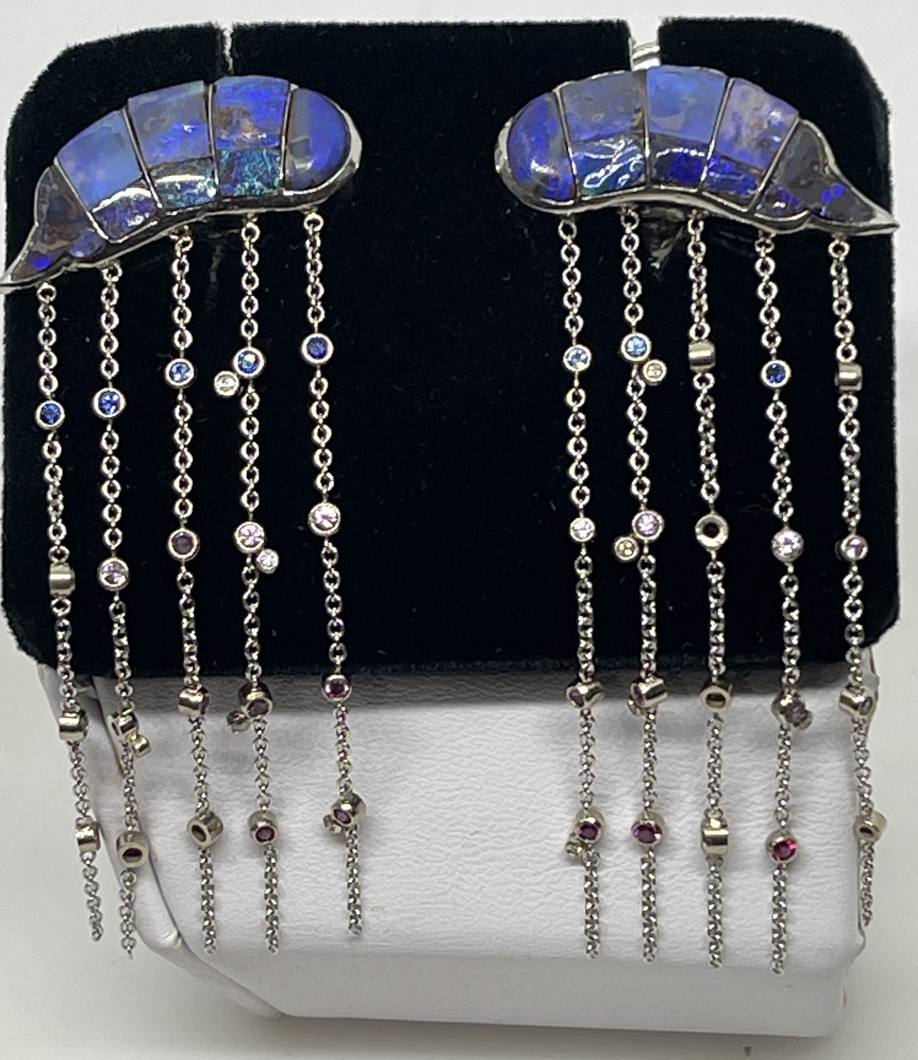 Opal and gemstone drop earrings with diamond-accented chains